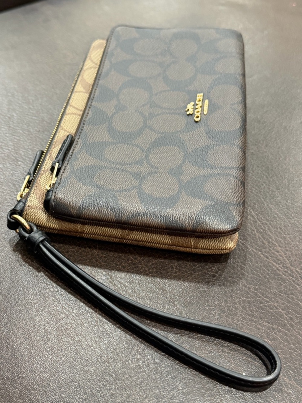 Coach Brown/Tan Signature Double Zip Wristlet with Gold Hardware - Picture 2 of 8